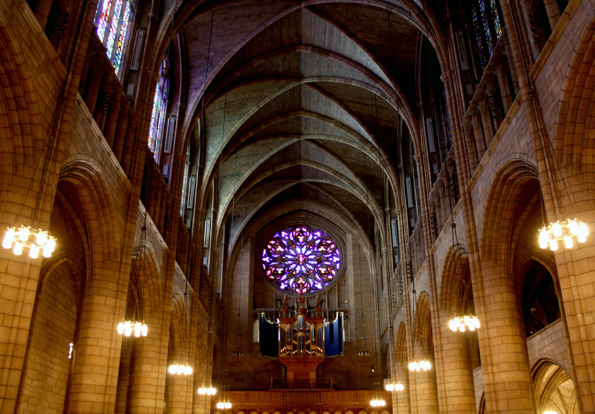 Interior of Saint Thomas Church showing the high Guastavino tile vaults above the nave